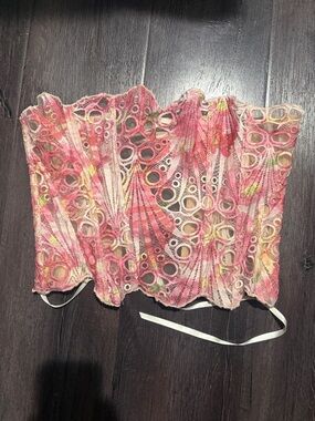PrettyLittleThing Pink Multi Lace Overlay Strapless Crop Top